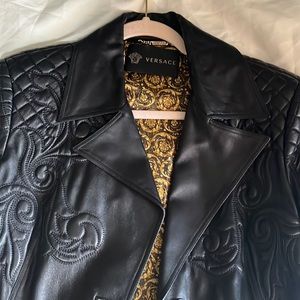 Leather Versace coat, mid length , black & gold